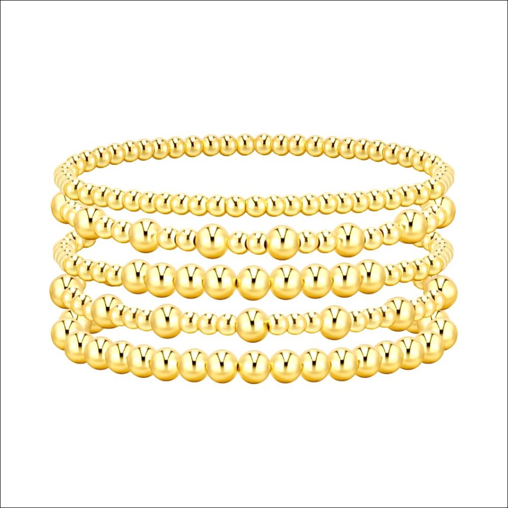 14K Gold Plated Beaded Bracelet Set, 5 Stackable Stretch Strands
